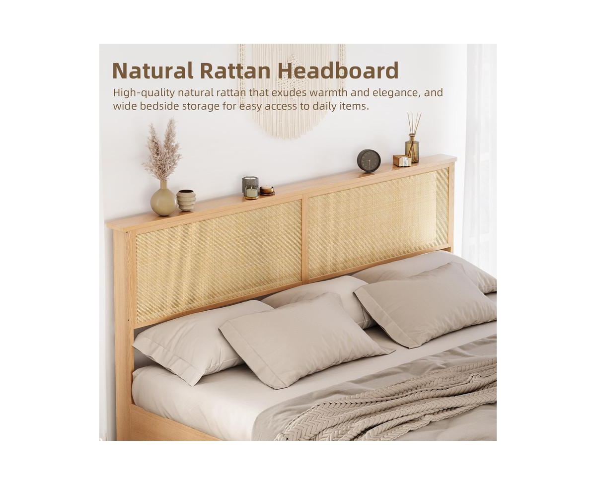 gaomon Natural Rattan Size Bed Frame with Sliding Barn Door Storage Cabinets and Headboard, Boho Farmhouse Wood Platform Bed with Solid Wood Legs