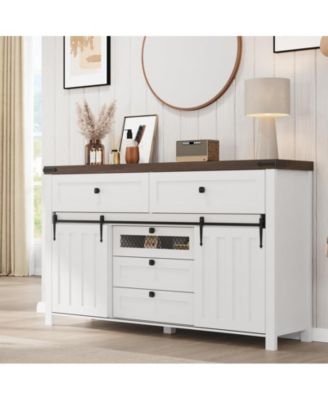 Farmhouse Buffet Cabinet, Sideboard Storage Cabinet with 5 Drawers and Sliding Barn Doors, Wood Coffee Bar Table with Adjustable Shelf for Living Room, Dining Room