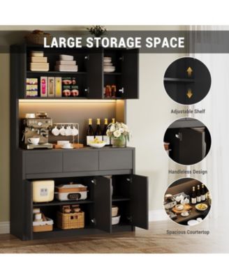 71" Tall Kitchen Pantry Cabinet with LED Lights, Power Outlets, Microwave Stand and Adjustable Shelves