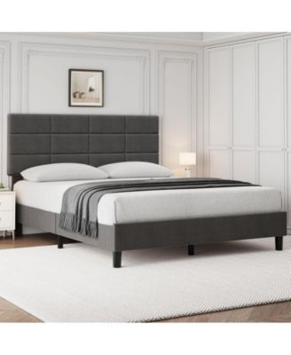 Full Bed Frame, Linen Upholstered Platform Full Bed Frame with Height Adjustable Headboard, Metal Frame Full Bed Frame with Strong Wood Slats and Support Legs, No Boxing Needed