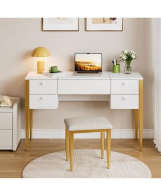 47" Makeup Vanity Desk with Flip Top Mirror and Lights, 3 Lighting Mode, 3 in 1 Vanity Table with 5 Drawers, Make Up Vanity Set with Chair for Bedroom