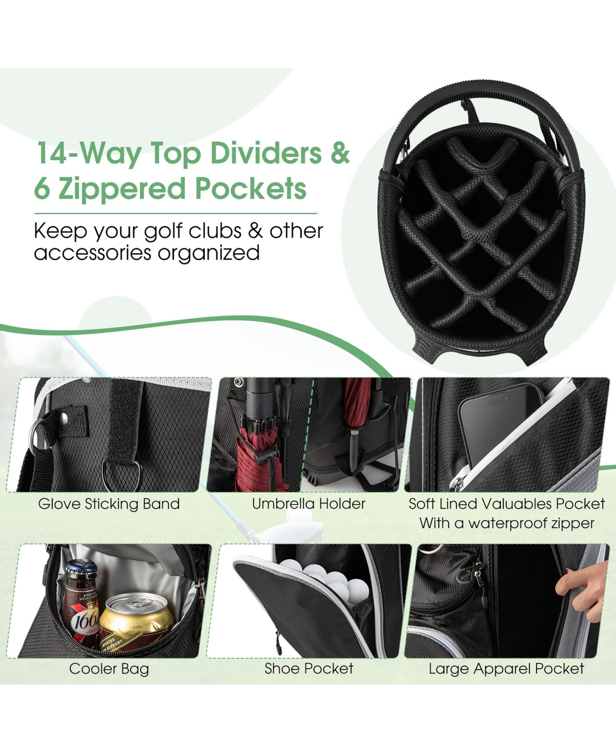 Gymax Golf Stand Bag Golf Club Bag w/ 14 Way Top Dividers & 6 Pockets & Carrying Handles - Grey+black