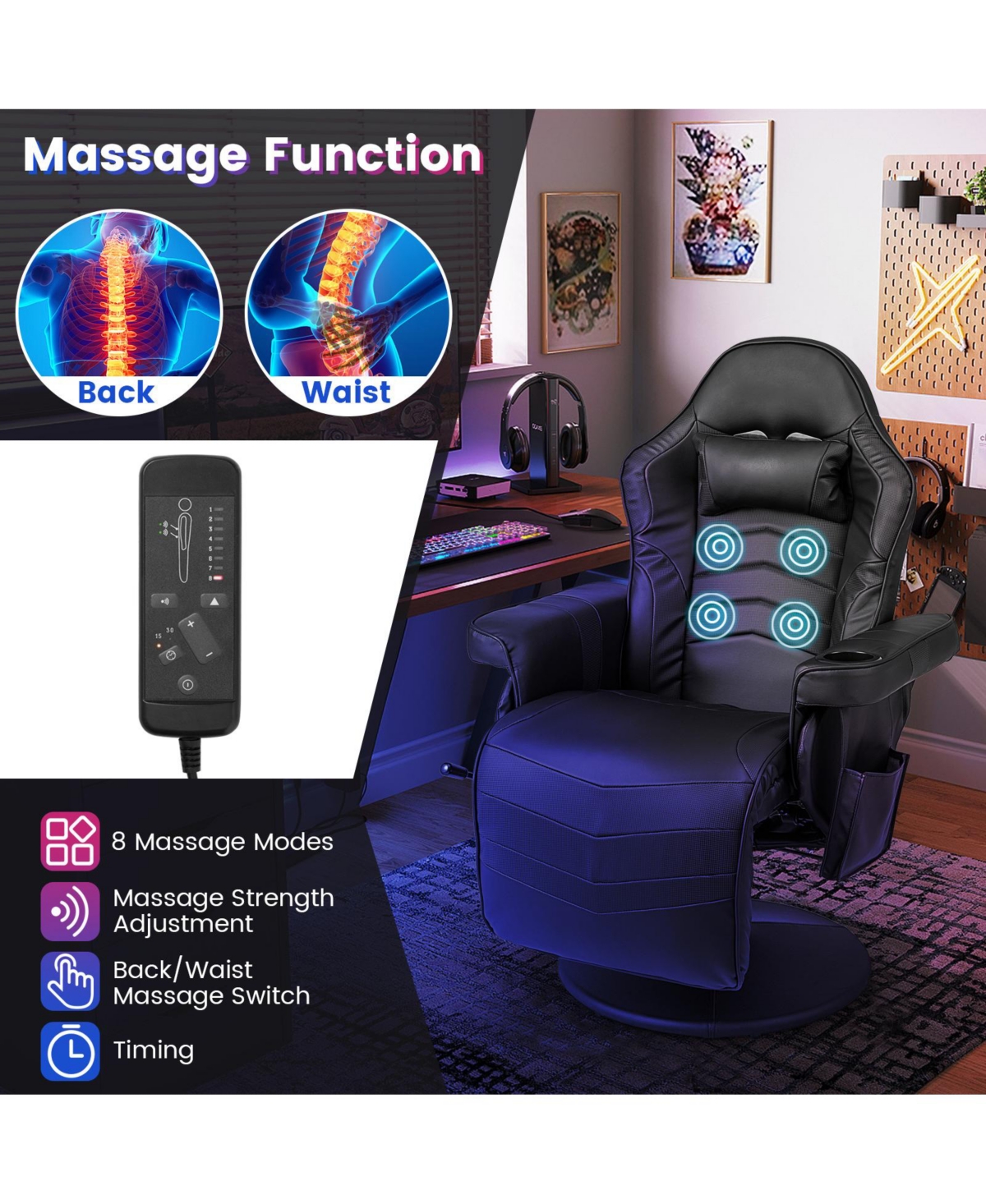 Gouun Massage Video Gaming Recliner Chair with Adjustable Height