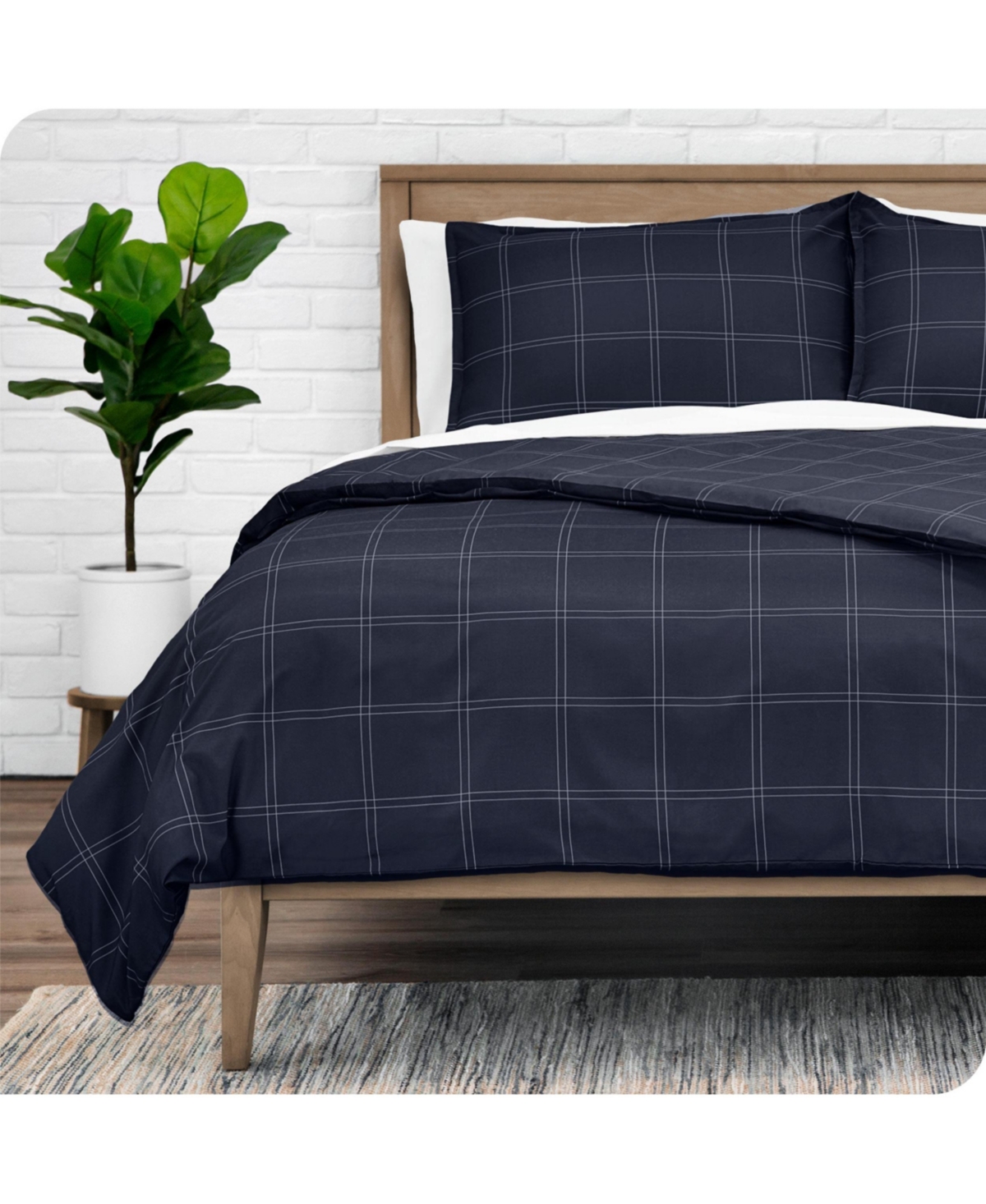 Bare Home Double Brushed Printed Duvet Cover Set - Modern plaid - midnight blue/white