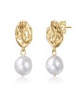 Genevive Sterling Silver 14K Gold Plated with White Freshwater Pearl Crinkled Drop Earrings - Gold
