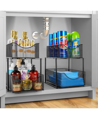 2 Pack 2 Tier Baskets with Mesh Sliding Drawers - Ideal Cabinet, Under the Sink, etc - Great for Bathroom, Kitchen, Office, etc. (Black)