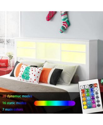 Storage Bookcase Headboard with LED Lights – Wood Grain Finish and Open Shelves for Nighttime Essentials