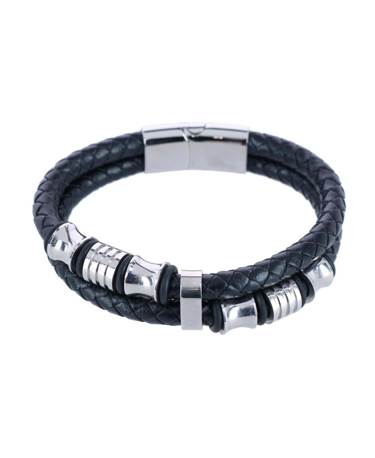 Loose Fit Silver and Leather 2 Band Secure Clasp Leather Bracelet - Black and silver