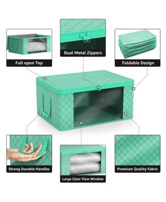 6 Pack Medium Foldable Clothes Storage Bags with Clear Window, Zipper Lid and Carry Handles - for Organizing Bedroom, Closet, Home (Teal)