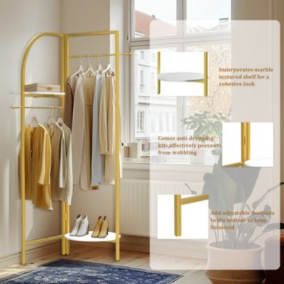 Gold Metal Corner Coat Rack: Garment Rack with 2 Shelves Storage Hanging Clothes