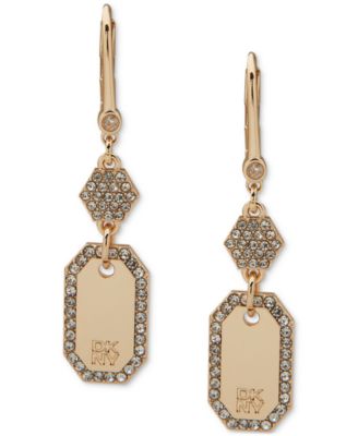 DKNY - Gold-Tone Pav&eacute; Hexagon Logo Double Drop Earrings