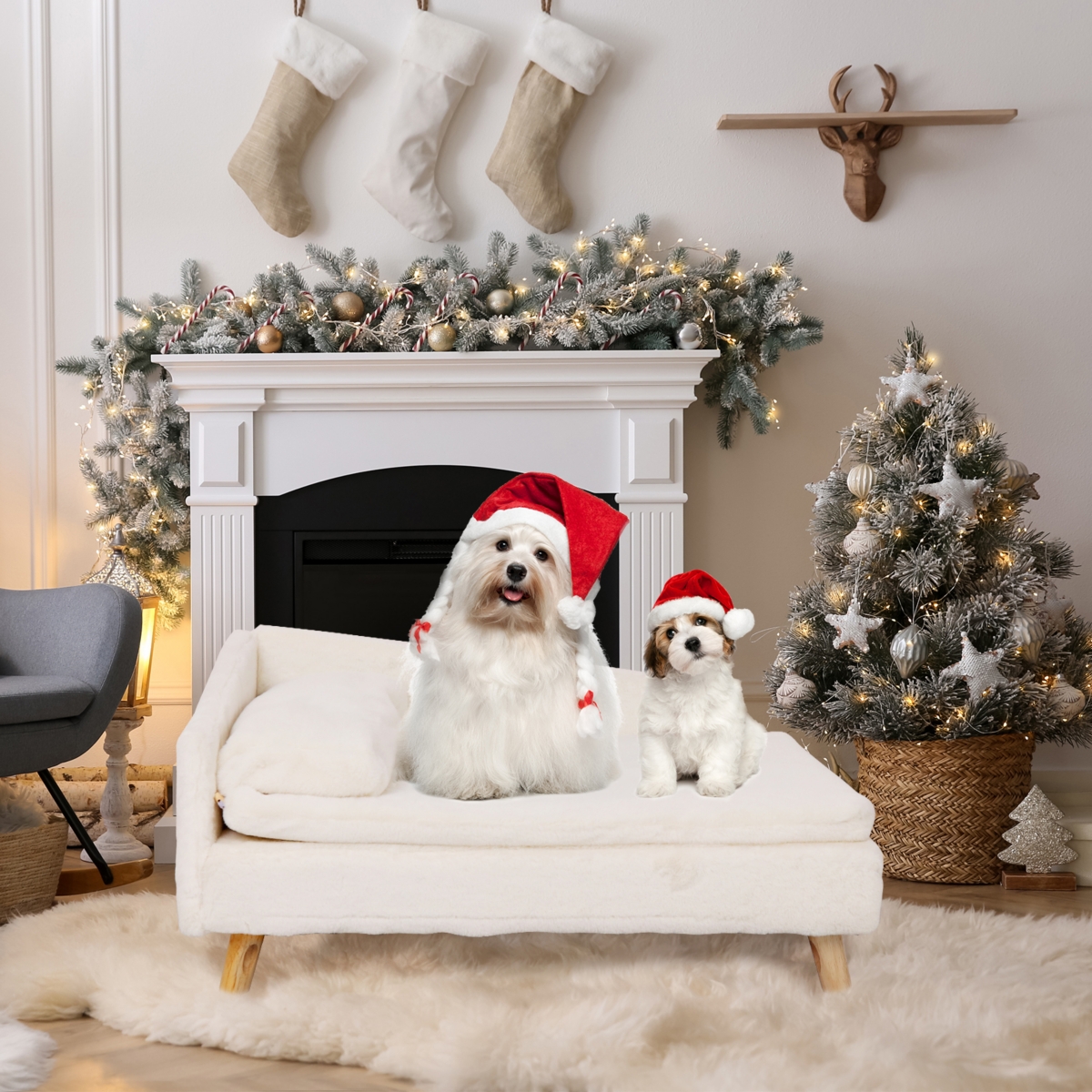 L Shape Dog Sofa Bed Rubber Wood Legs with Cushion Mat Pillow Cat Chaise Stool - Beige overflow