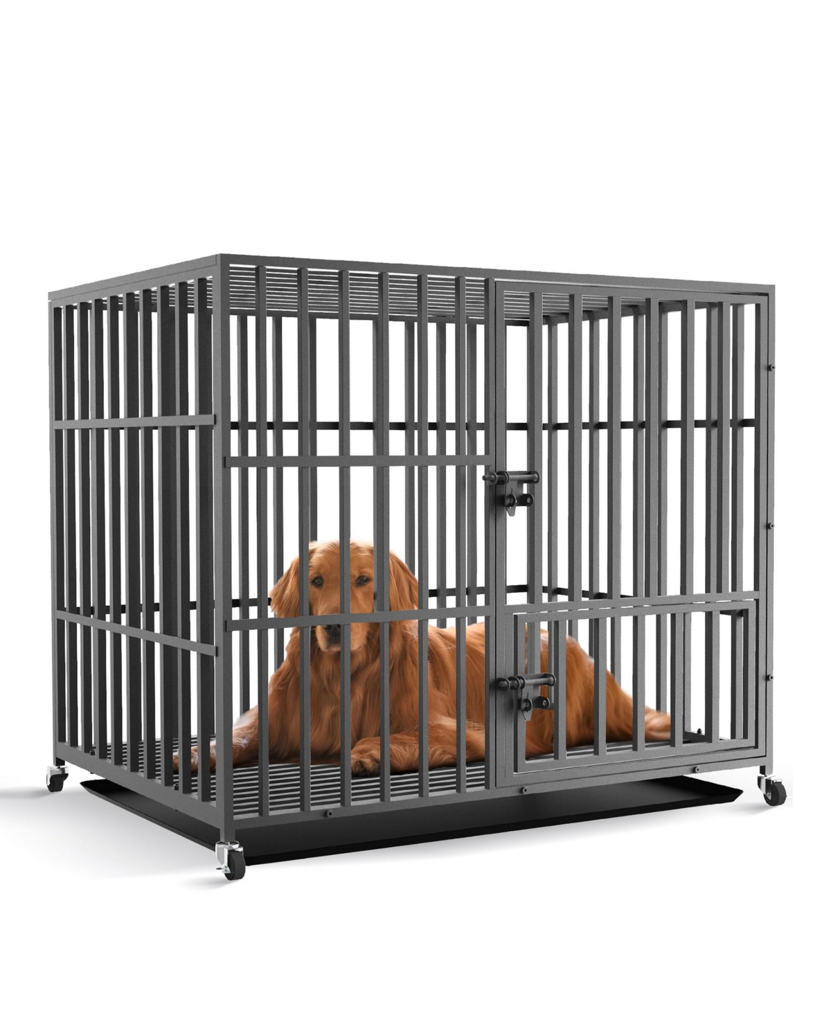 Heavy Duty Dog Cage 3 Doors Locks Design Kennel Playpen with 4 Lockable Wheels - Black