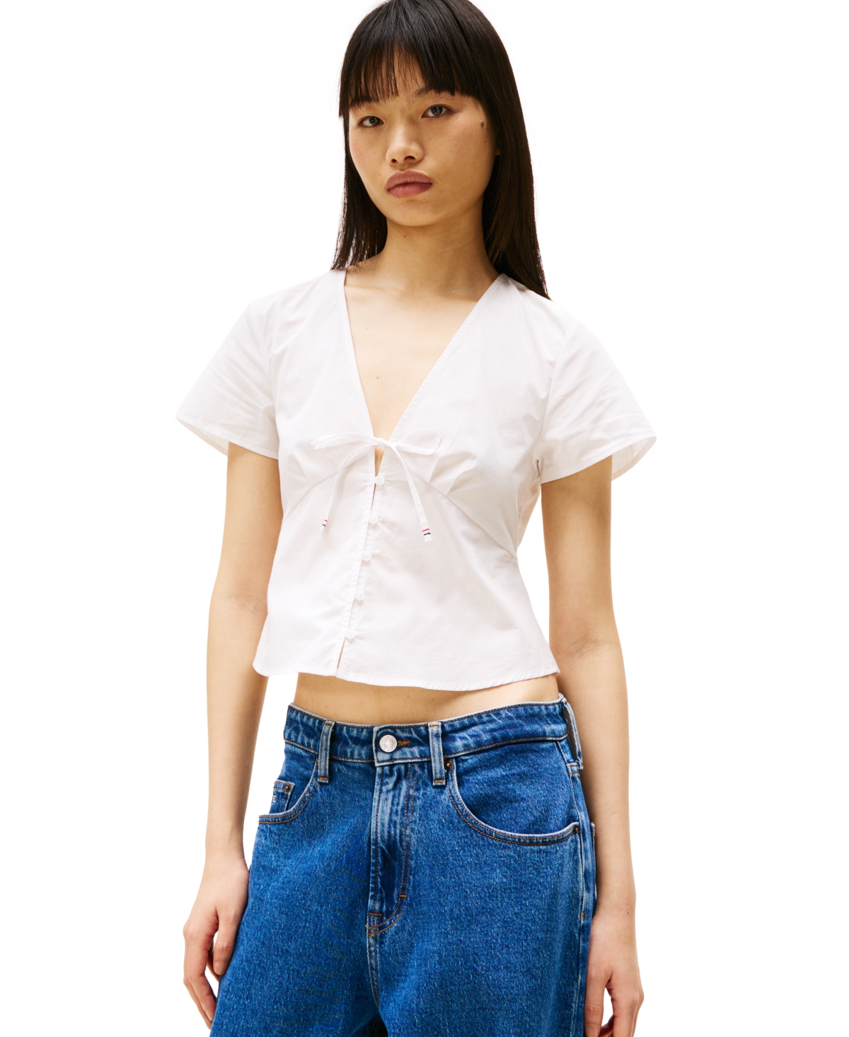 Tommy Jeans Women's Cotton Poplin Tie-front Blouse In Ecru