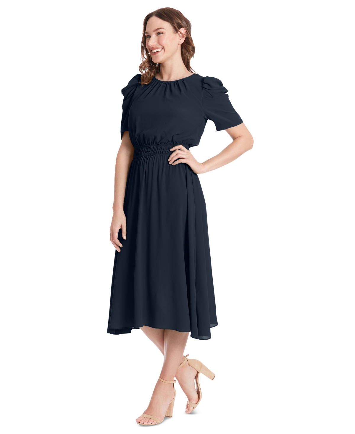 London Times Women's Shirred Jewel-Neck Midi Dress