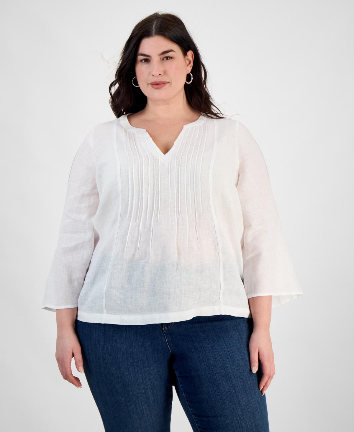 Plus Size 100% Linen Pintucked Blouse, Exclusively at Macy's - Bright White