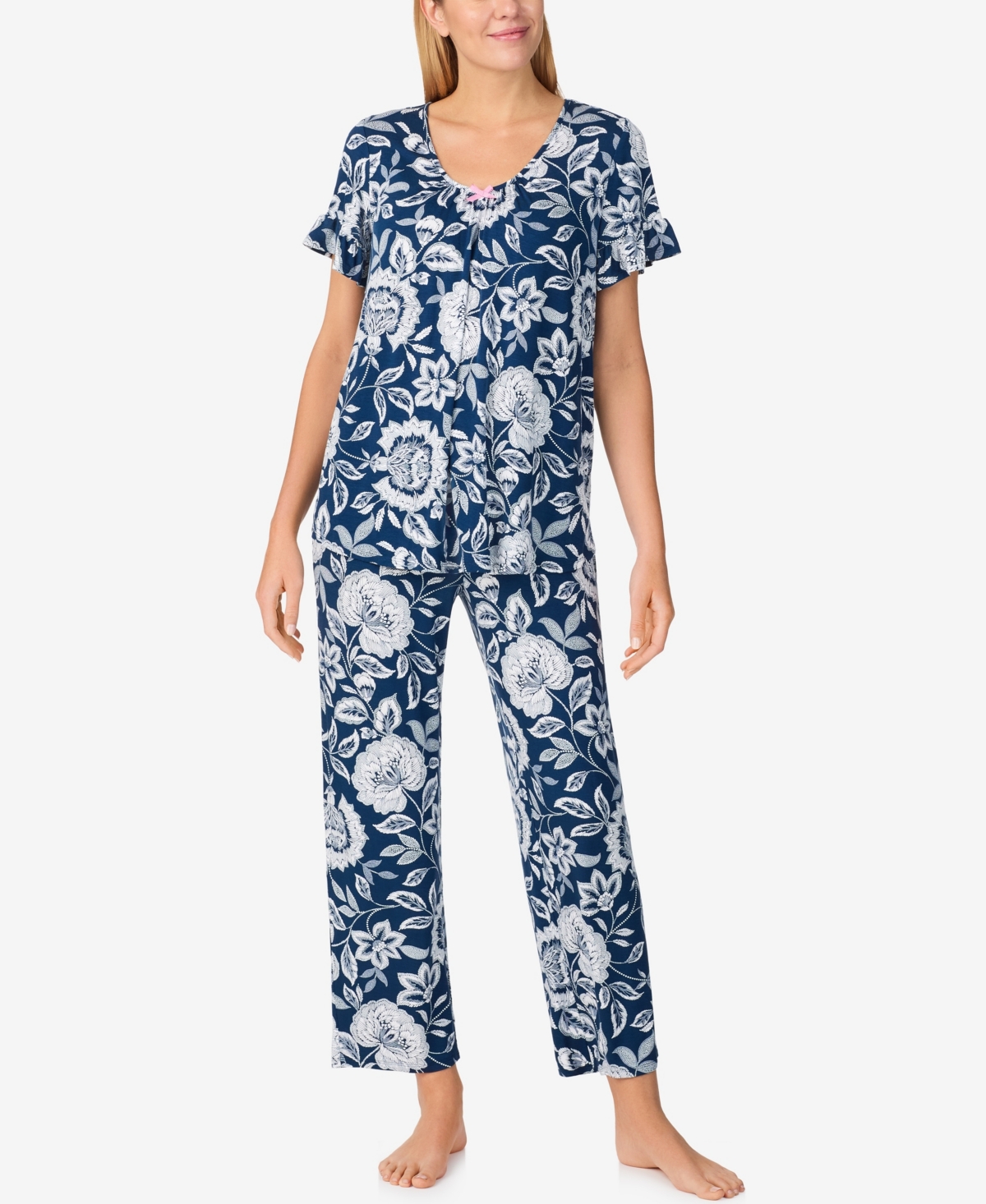 Women's Short Sleeve Long Pajama Set - Navy Floral