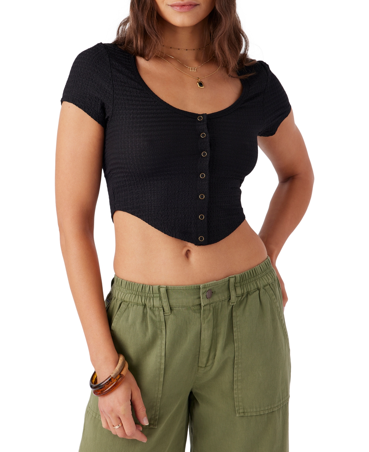 Shop O'neill Juniors' Marlena Scoop-neck Button-front Top In Black