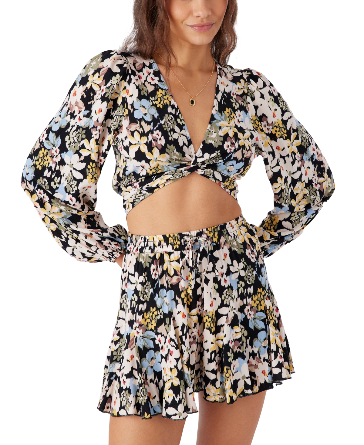 Shop O'neill Juniors' Livvie Printed Long-sleeve Crop Top In Black