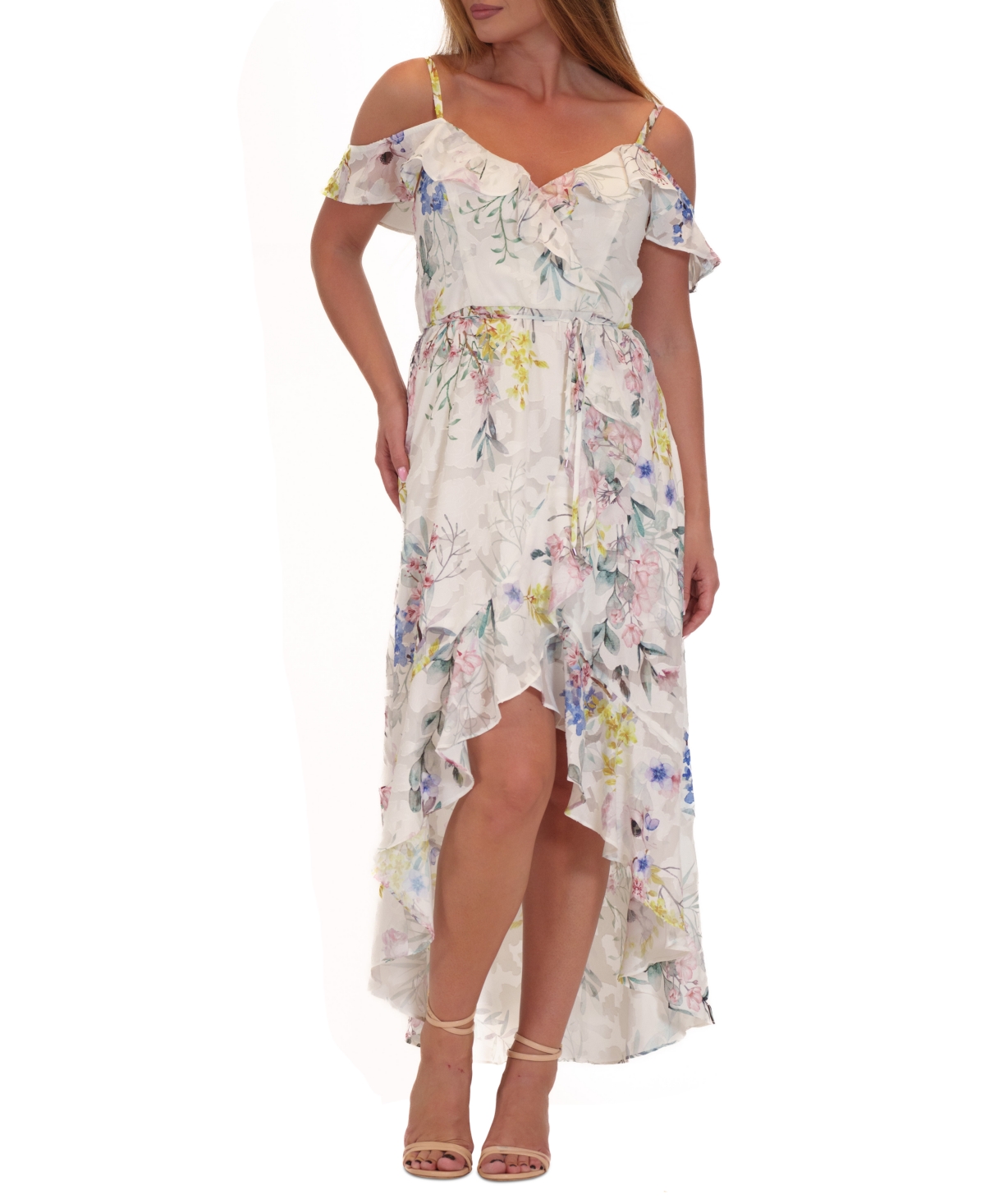 Women's Floral ChiffonCold-Shoulder Ruffle Midi Dress - Ivory/mult