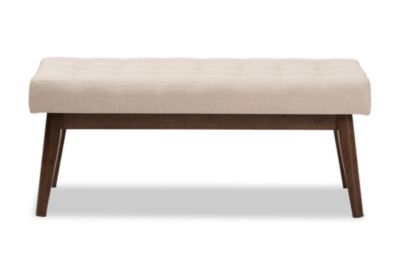 Elia Mid-Century Modern Walnut Wood Light Beige Fabric Button-Tufted Bench