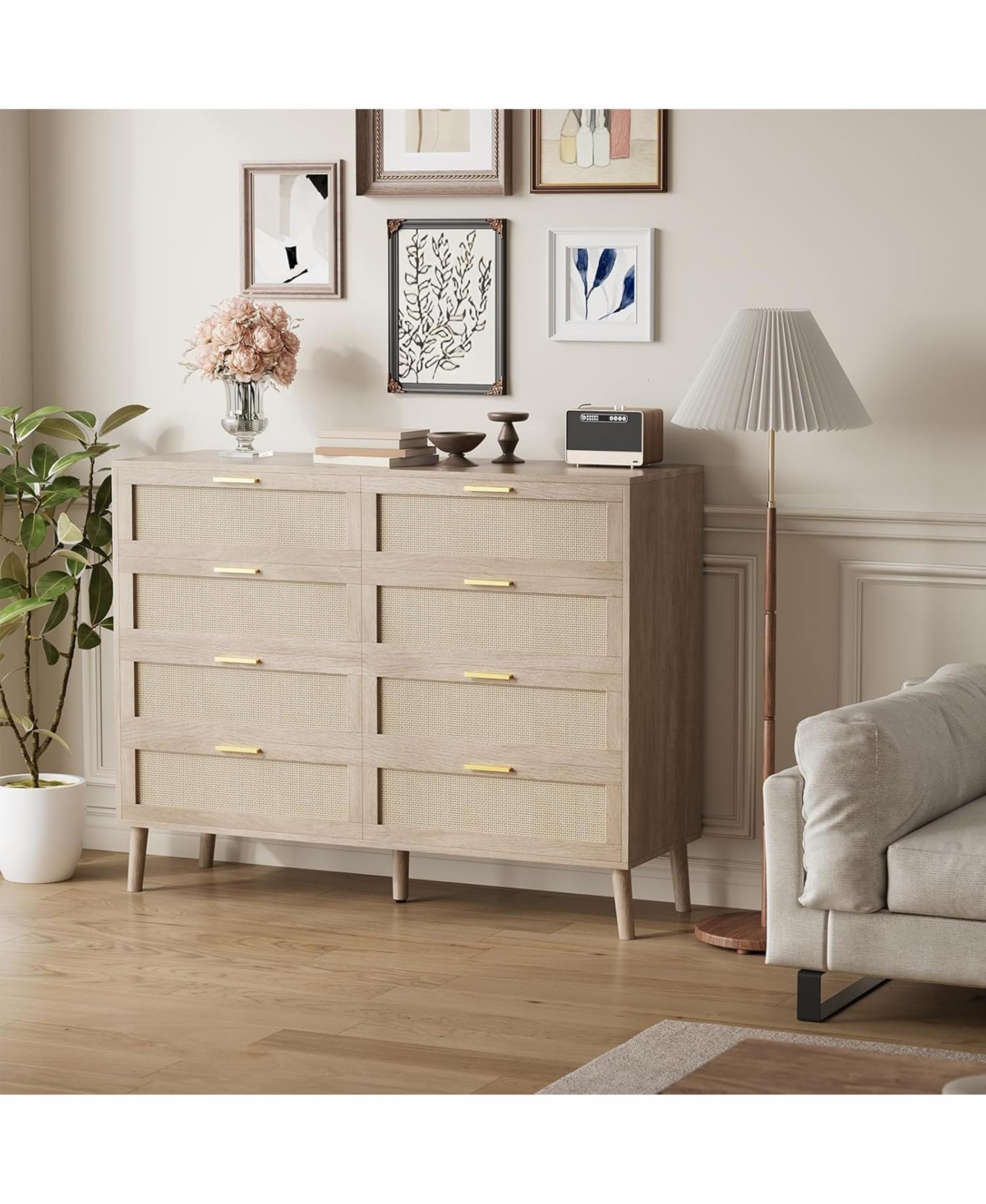 gaomon 8 Drawer Rattan Dresser, 47.2" x 15.7" x 37" Rattan Chest of Dressers, Mid Century Modern Dresser for Closet with Handles, Large Table Top, Dre