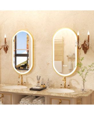 Oval Led Bathroom Mirror Gold Frame Makeup Mirror Anti-Fog Stepless Dimming 3 Color