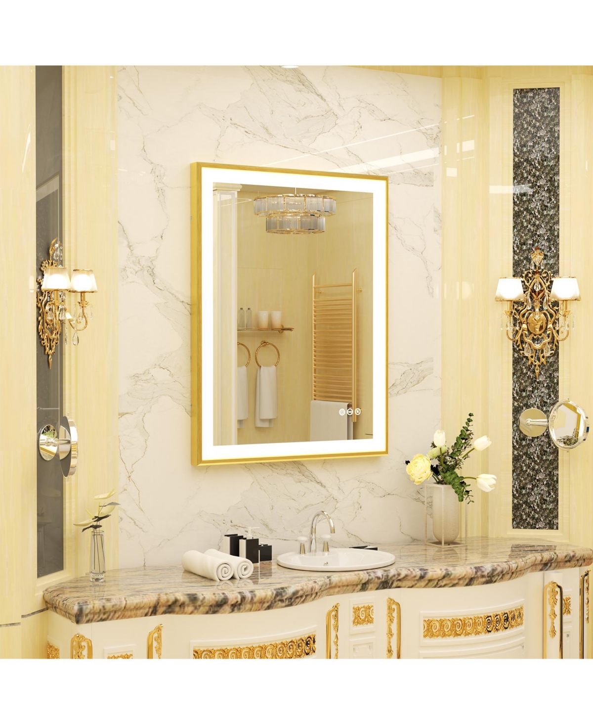 Wisfor Led Vanity Mirror withFrame Wall Mount Bathroom Mirror Frontlit Anti-Fog - Gold