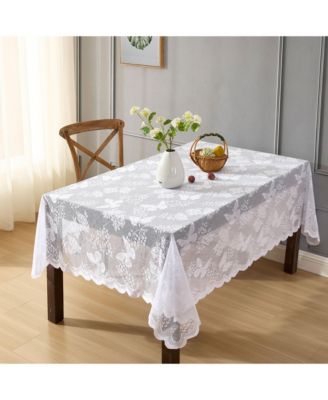 Butterfly Floral Lace Fabric Tablecloth, Lace Fabric Table Cloth for Rectangle Square Tables, Wrinkle Resistant, Patterned Scalloped