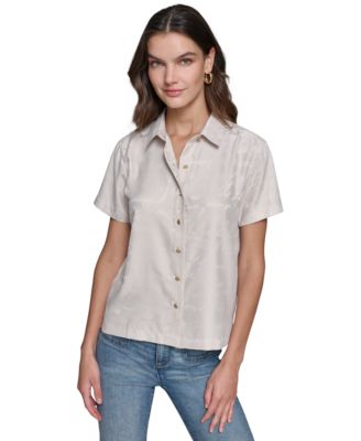 KARL LAGERFELD PARIS - Women's Tonal Script-Print Camp Shirt