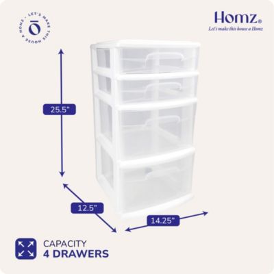 Clear Plastic 4 Drawer Medium Home Storage Container Tower, White Frame