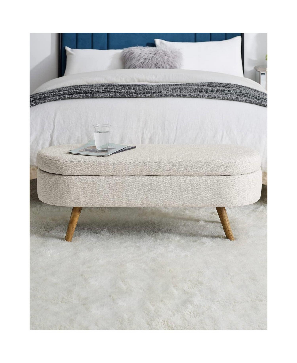 Slickblue Mid-Century Modern Boho Style Linen End of Bed Storage Bench with Wooden Legs