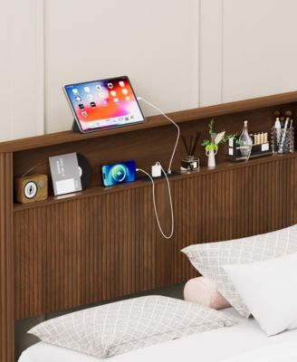 Queen Upholstered Bed Frame with Storage Headboard and Built-in Charging Station, Metal Frame Queen Size Platform Bed, No Box Spring Needed