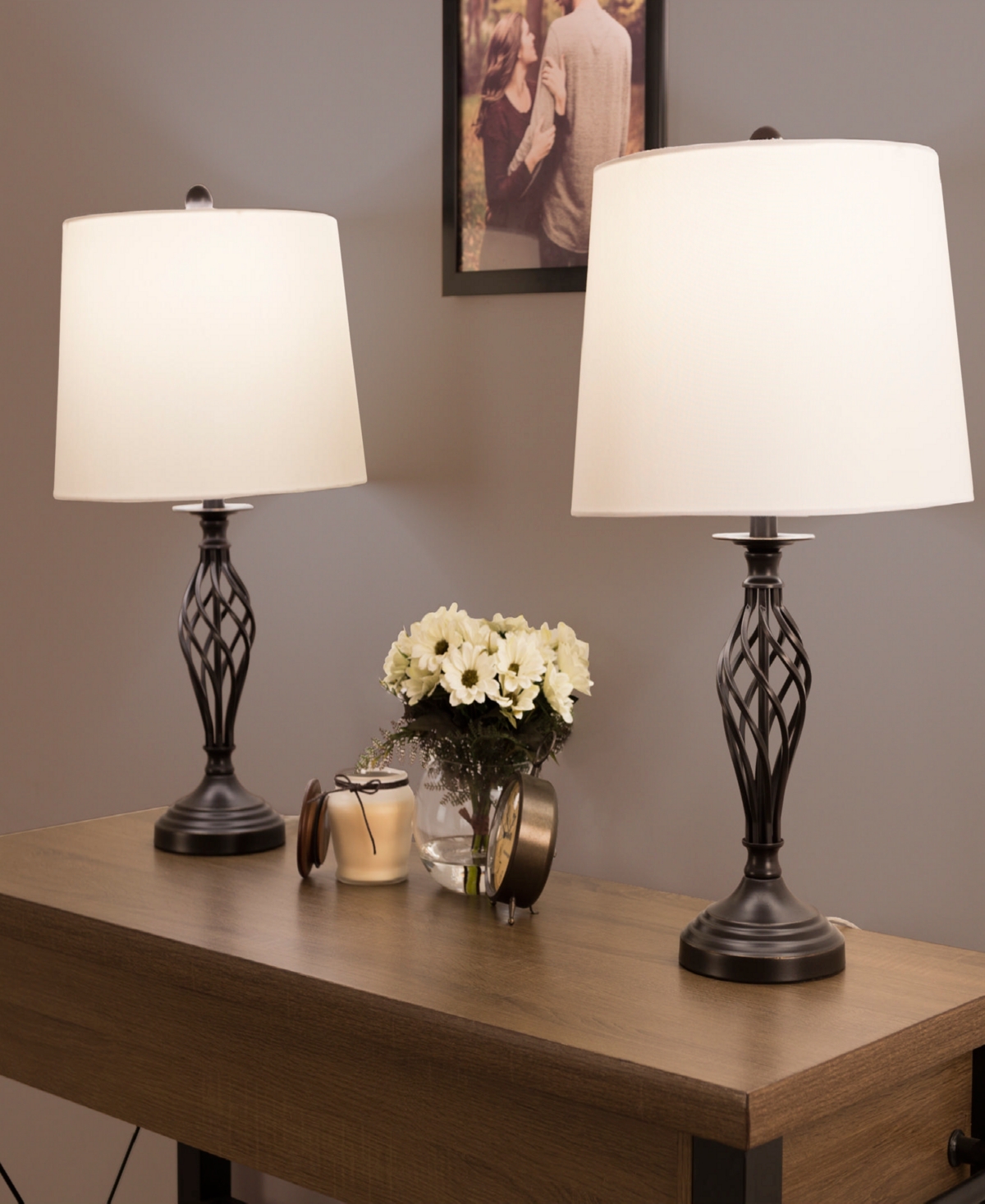 Lavish Home 24.5" Spiral Cage Table Lamp Set In Bronze And White