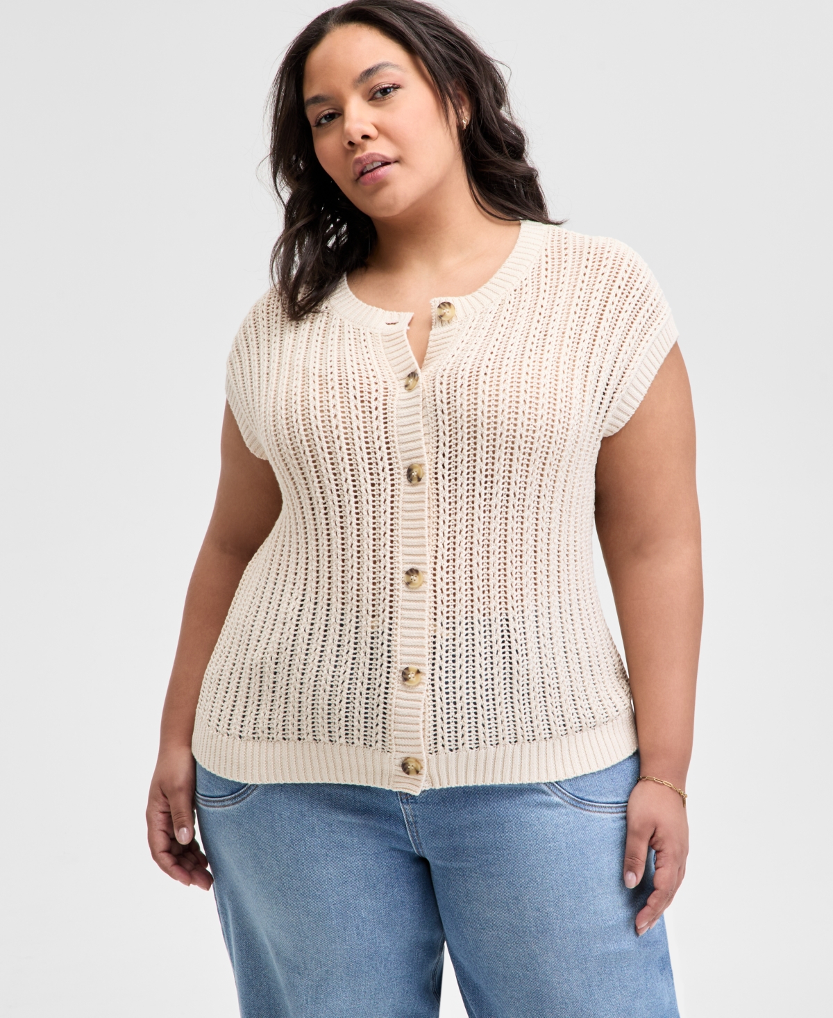 Trendy Plus Size Cap-Sleeve Crewneck Cardigan, Exclusively at Macy's - Cream