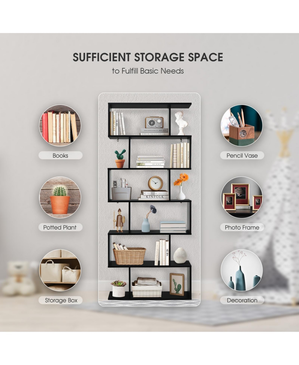 Gouun 6 Tier S-Shaped Bookshelf Storage Display Bookcase Decor Z-Shelf
