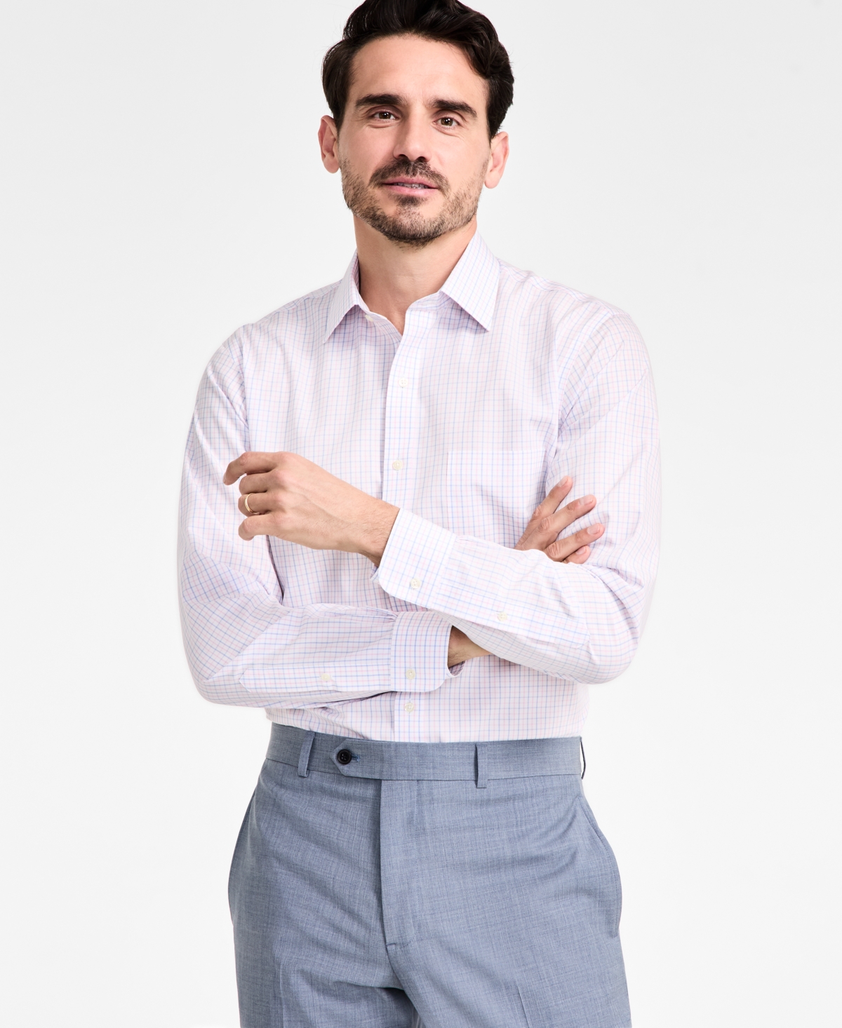 Men's Regular-Fit Non-Iron Spread Collar Tattersall Broadcloth Dress Shirt - Pink