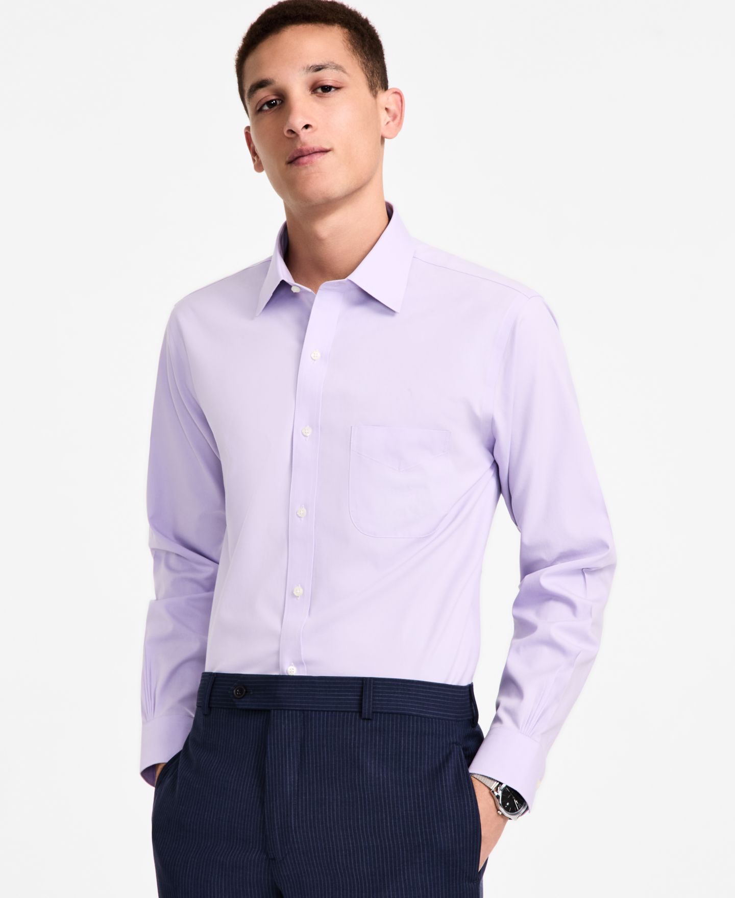 Мужские рубашки B By Brooks Brothers Regular Fit Non-Iron Spread Collar Solid Pinpoint Dress Shirt, цвет: Лавандовый — фото 1
