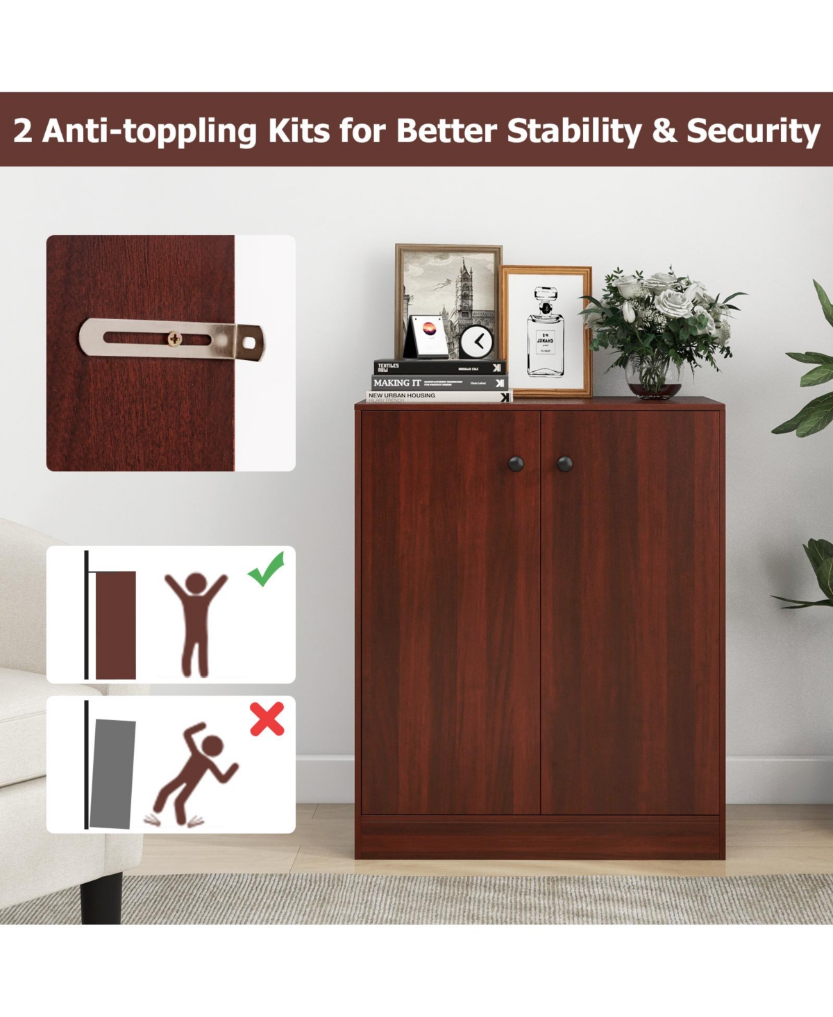 Gouun 2-Door Modern Floor Storage Cabinet with 3-Tier Shelf