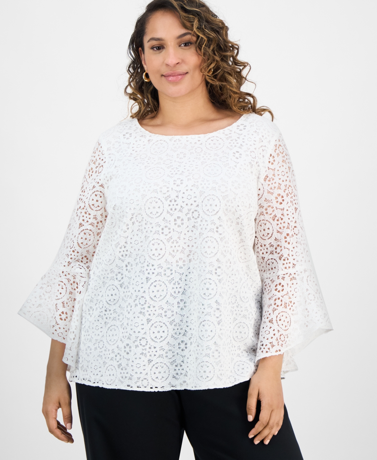Plus Size Lace Bell-Sleeve Blouse - Lily White