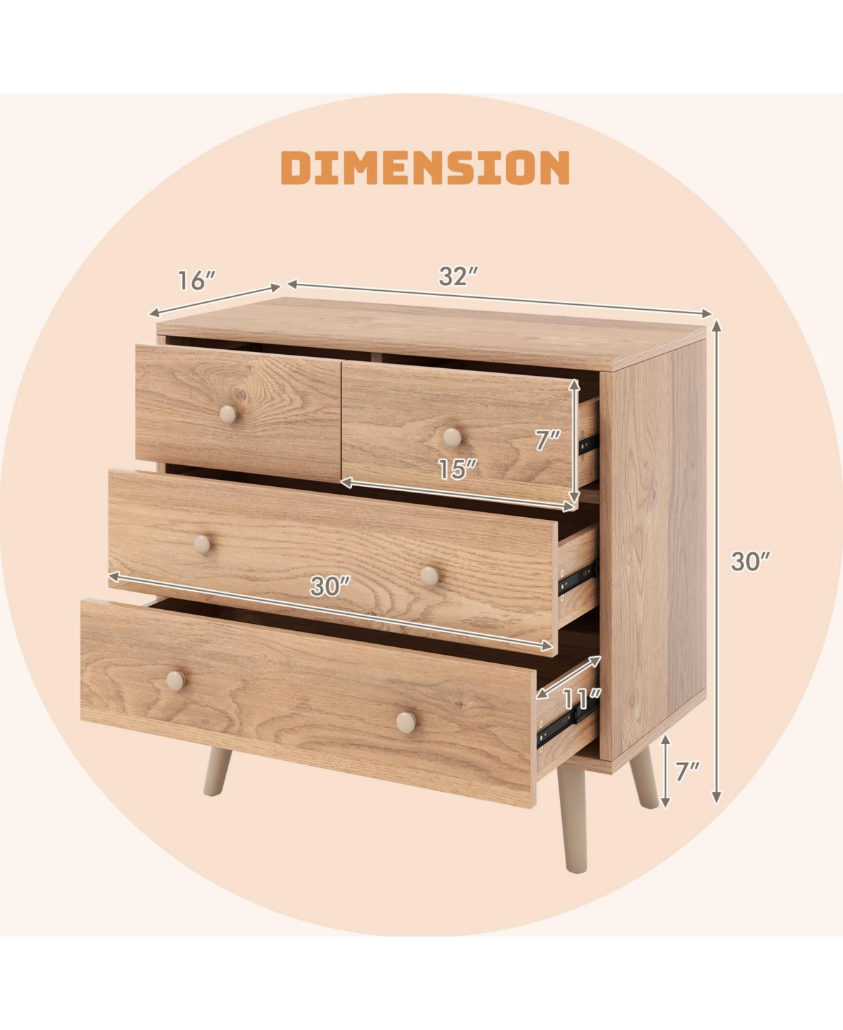 Gouun 4-Drawer Dresser Cabinet Storage Organizer Rubber Leg with Rail