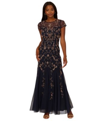 Godet Gown Bloomingdales Adrianna Papell Floral Beaded Godet Gown With  Sheer Neck And Short Sleeves In Navy Rosegold