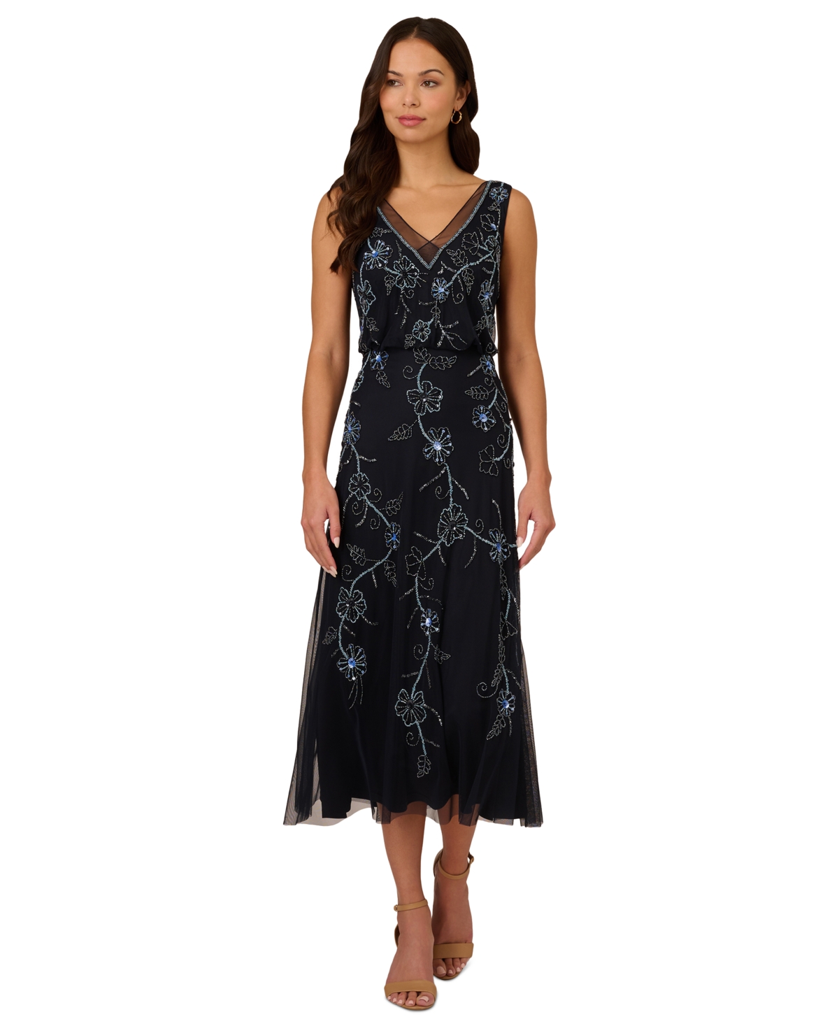 Shop Adrianna Papell Women's V-neck Beaded Sleeveless Midi Dress In Midnight Multi