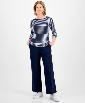 Petite Pima Cotton Striped Boat-Neck 3/4-Sleeve Top