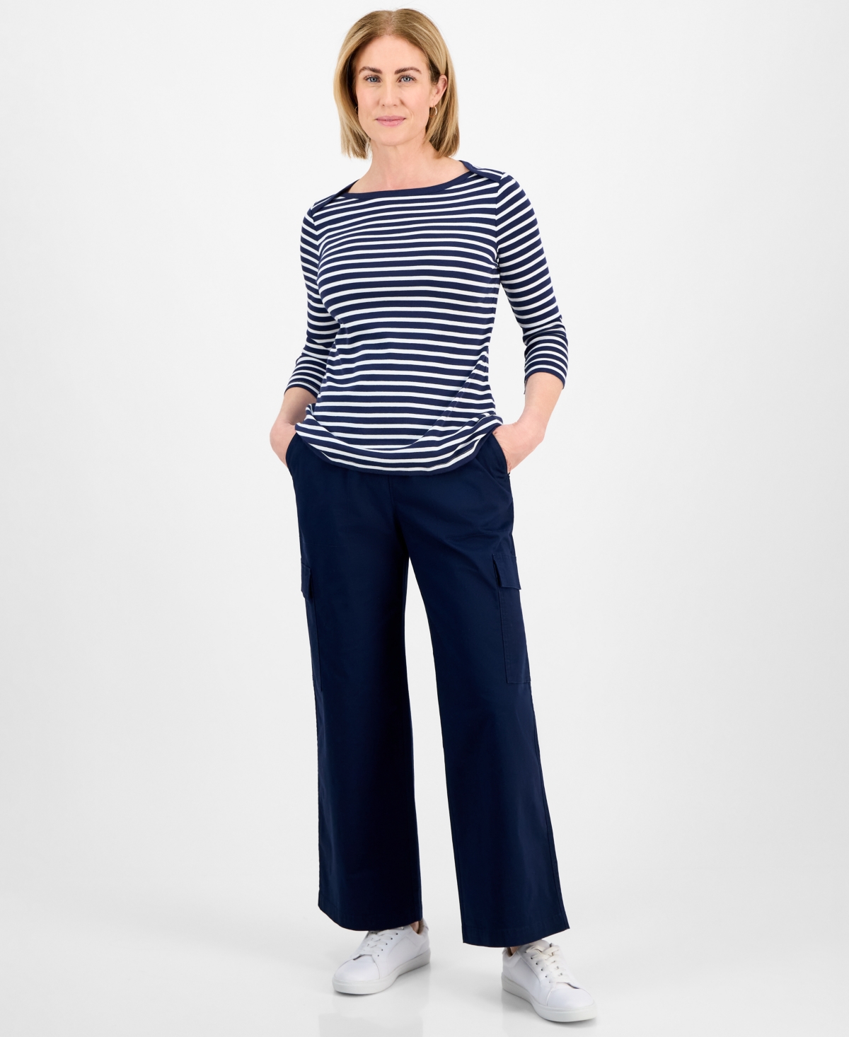 STYLE & CO PETITE COTTON STRIPED BOAT-NECK 3/4-SLEEVE TOP, EXCLUSIVELY AT MACY'S 