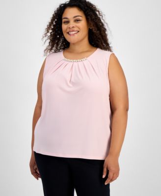 Kasper - Plus Size Sleeveless Jeweled Pleat-Neck Blouse
