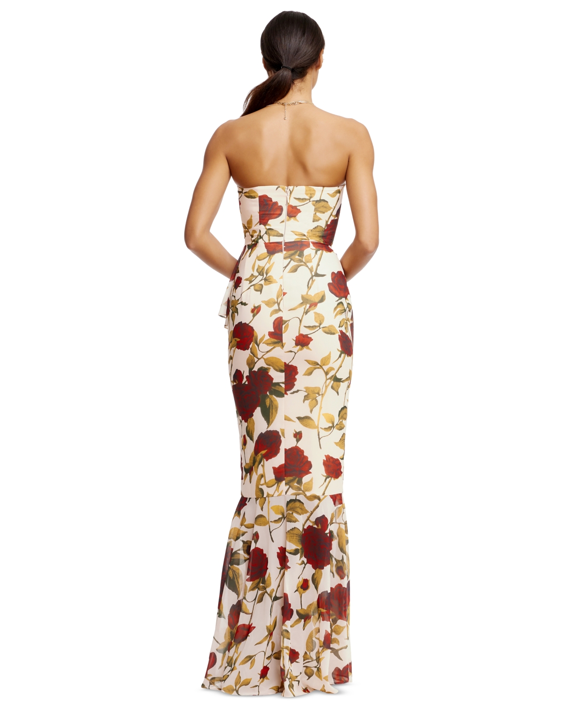 Dress The Population Paris Floral Ruffle Strapless Gown In Cream Multi