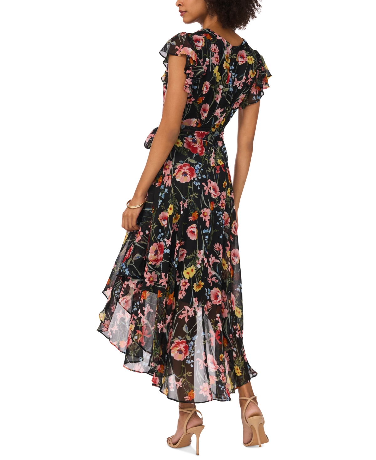 Vince Camuto Women's Printed Flutter-sleeve Midi Dress In Rich Black