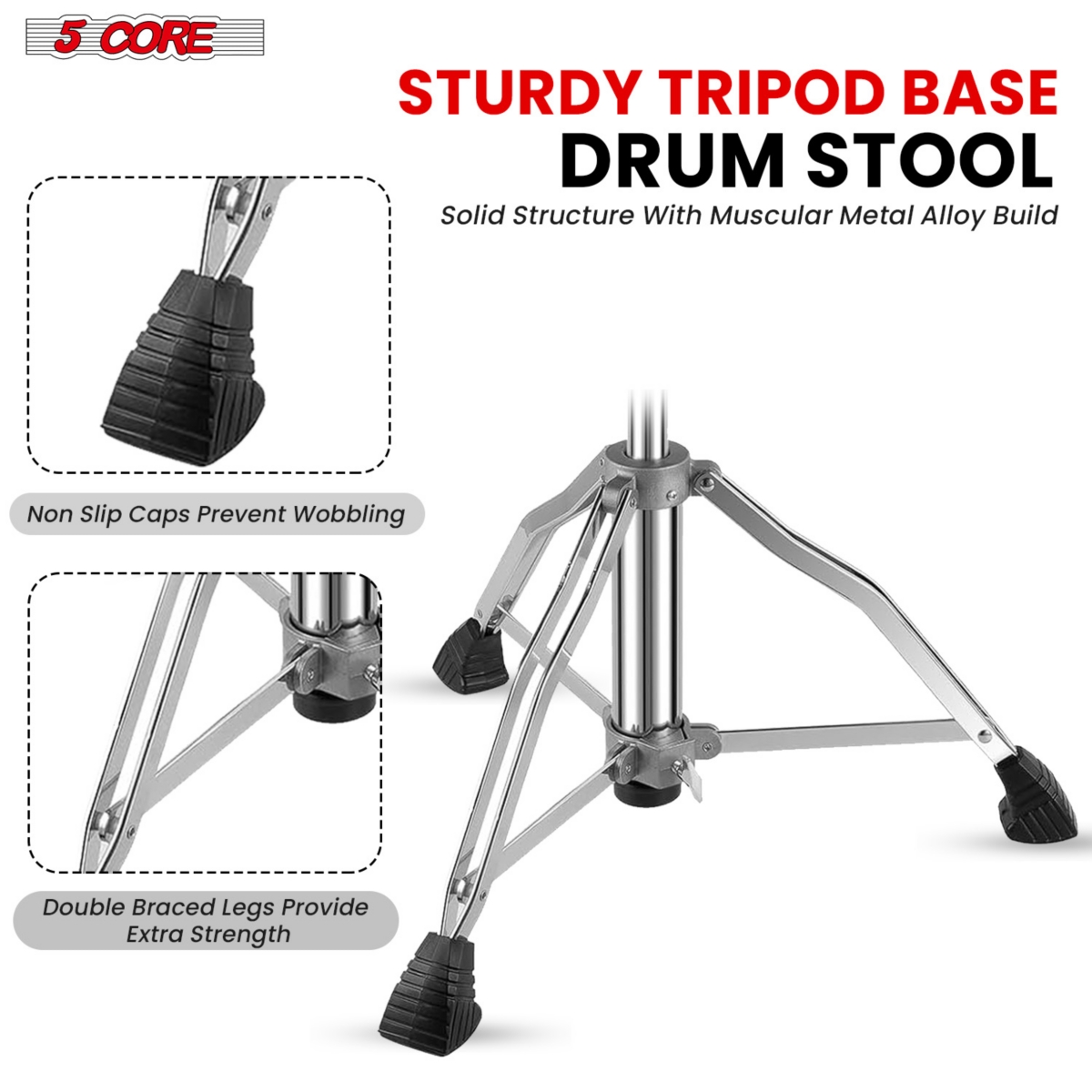 5 Core Drum Throne with Backrest  Height Adjustable Comfortable Guitar Stool Motorcycle Style Seat - Ds Ch Blk Rest