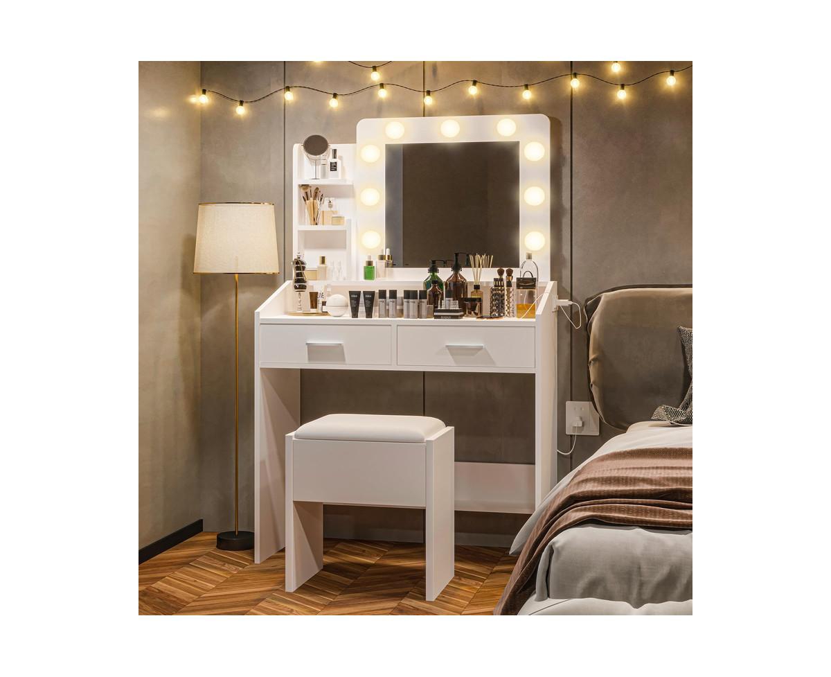 gaomon Vanity Desk with Mirror and Lights, Makeup Vanity with Power Outlet & Cushioned Stool, 3 Lighting Modes Adjustable Brightness, Dressing Table w